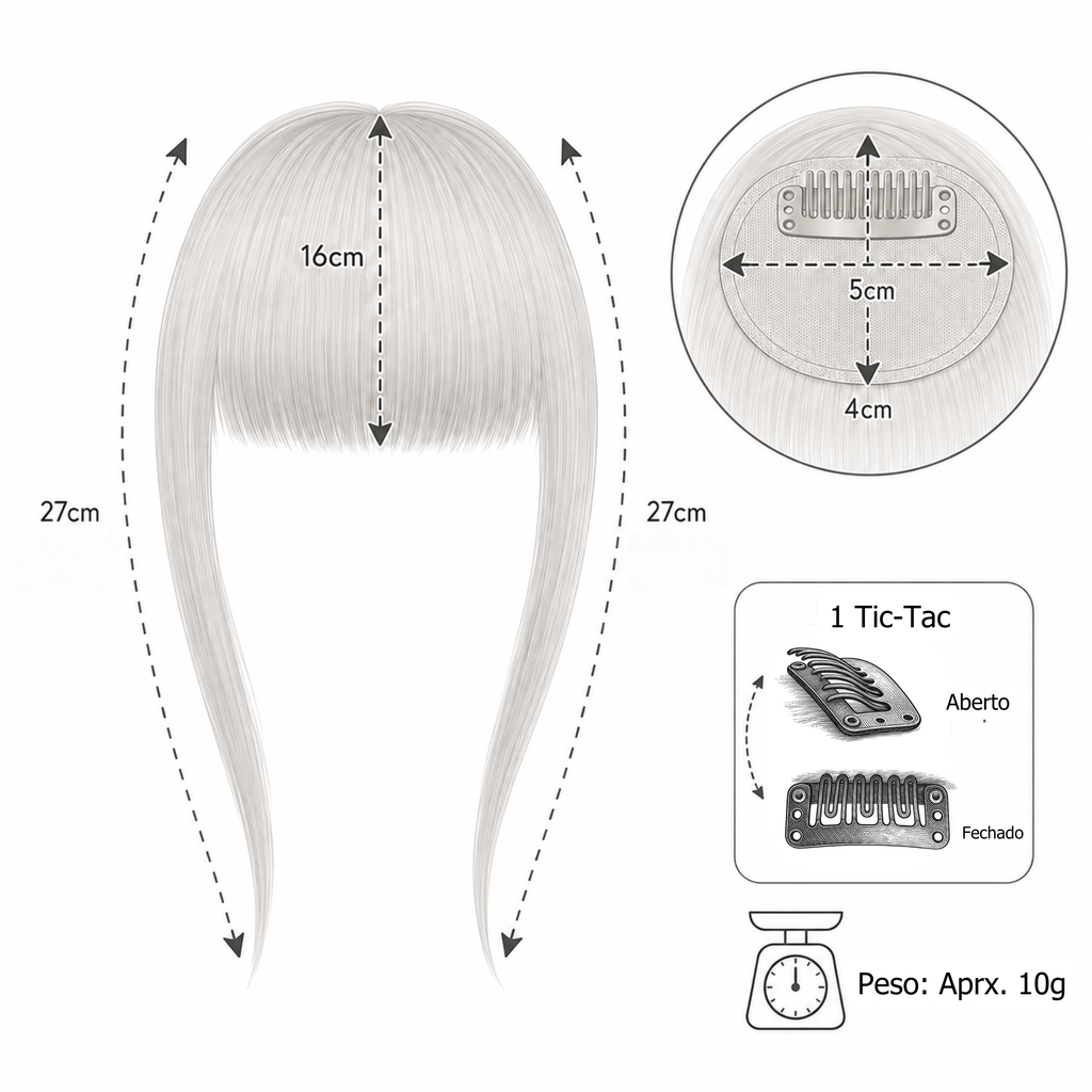 Franja Tic-Tac em Cabelo Humano com Cutículas Alinhadas | Removível, Natural, Francesa, Clip-In, Diversas Cores