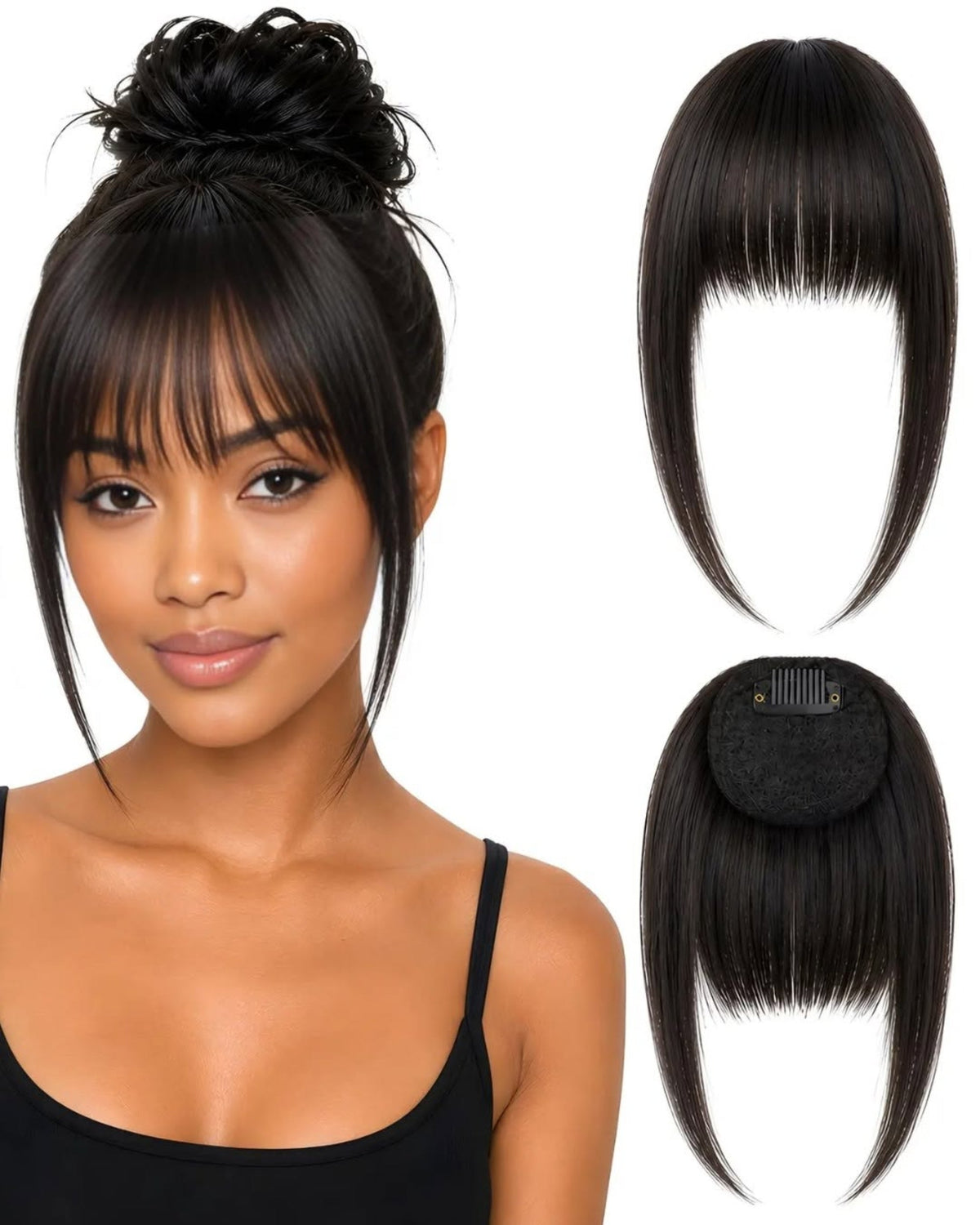 Franja de cabelo humano Preto.2, aplicada e vista de frente e de trás