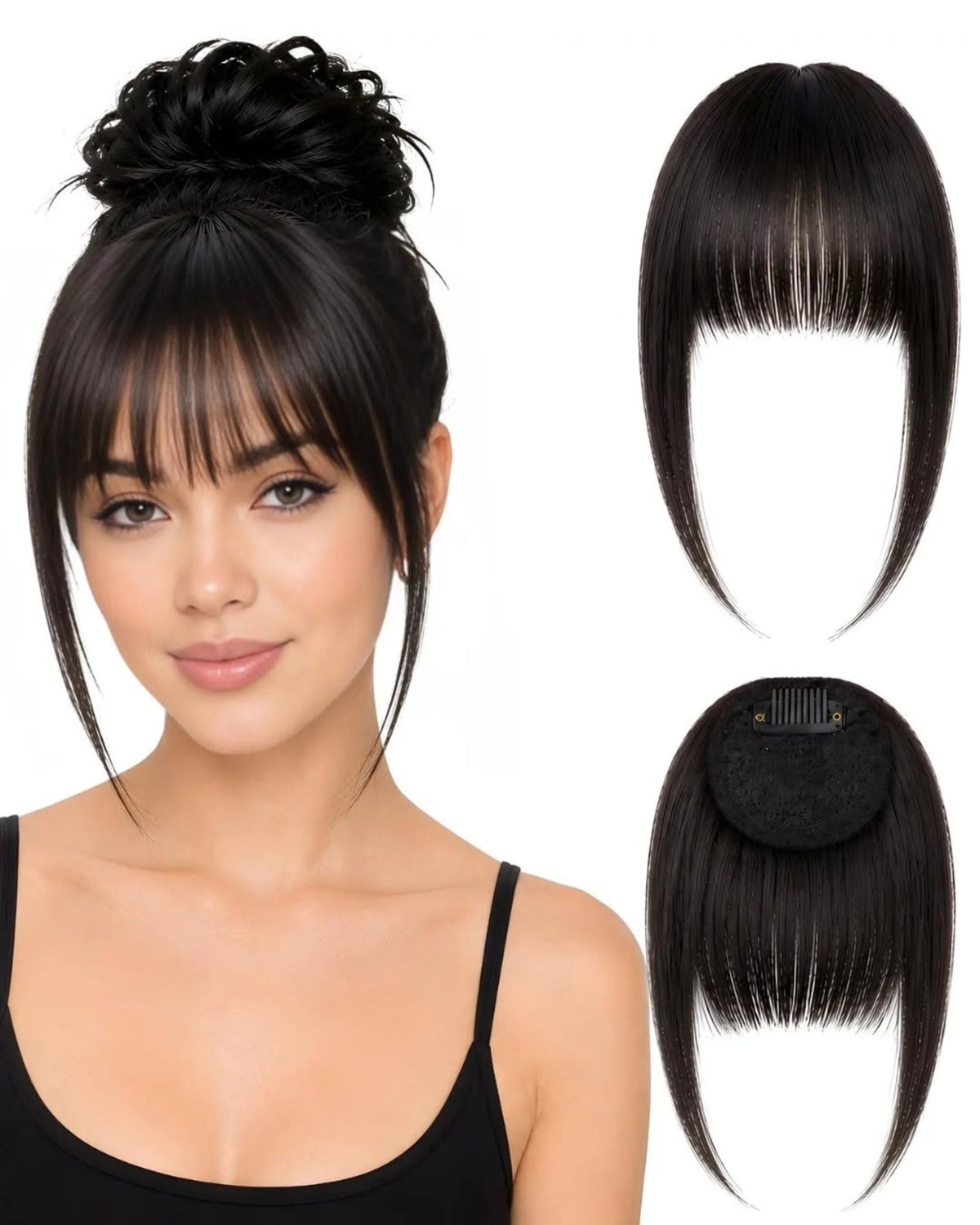 Franja de cabelo humano Preto.3, aplicada e vista de frente e de trás
