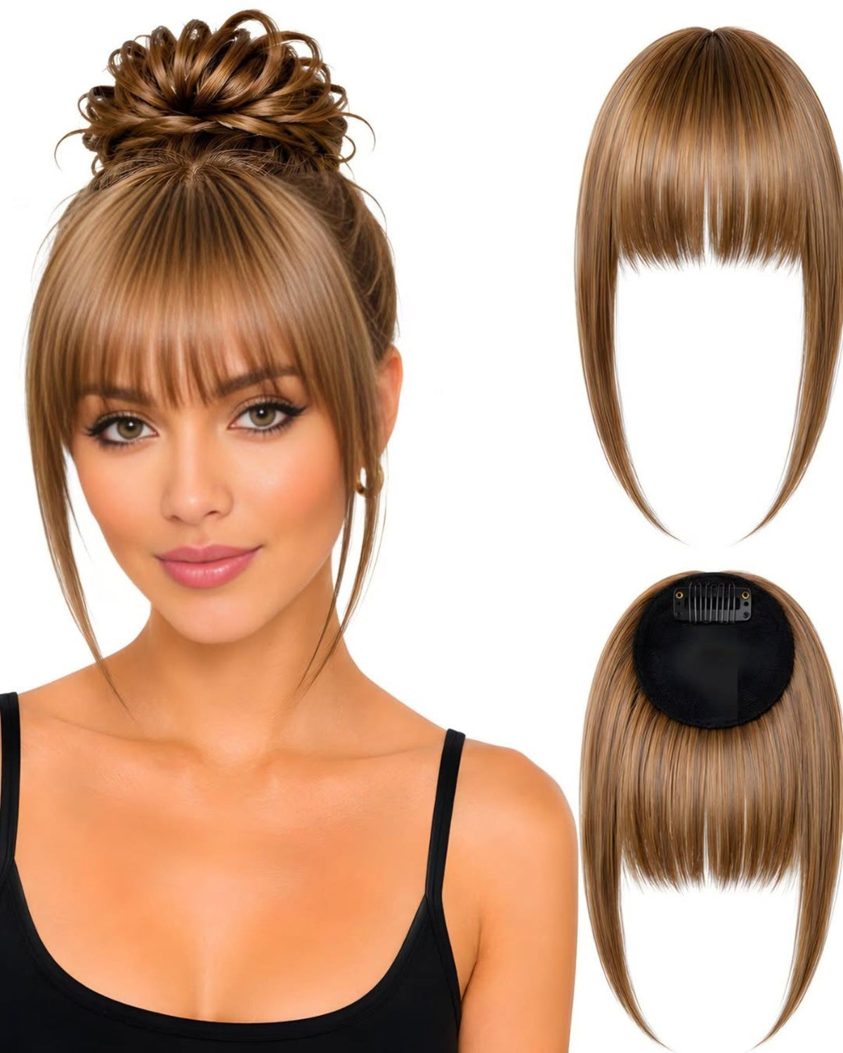 Franja de cabelo humano Loiro.1, aplicada e vista de frente e de trás