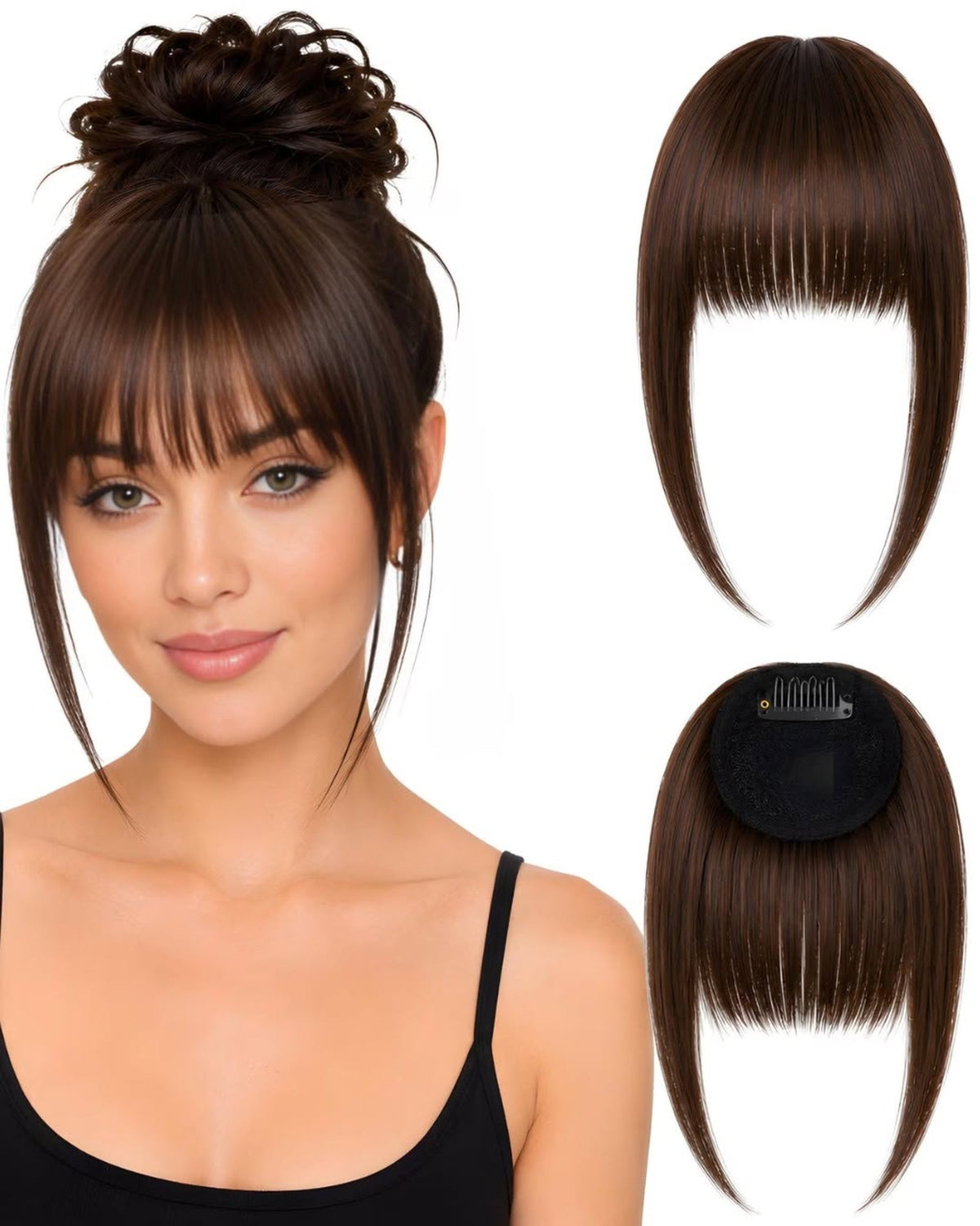 Franja de cabelo humano Castanho.1, aplicada e vista de frente e de trás