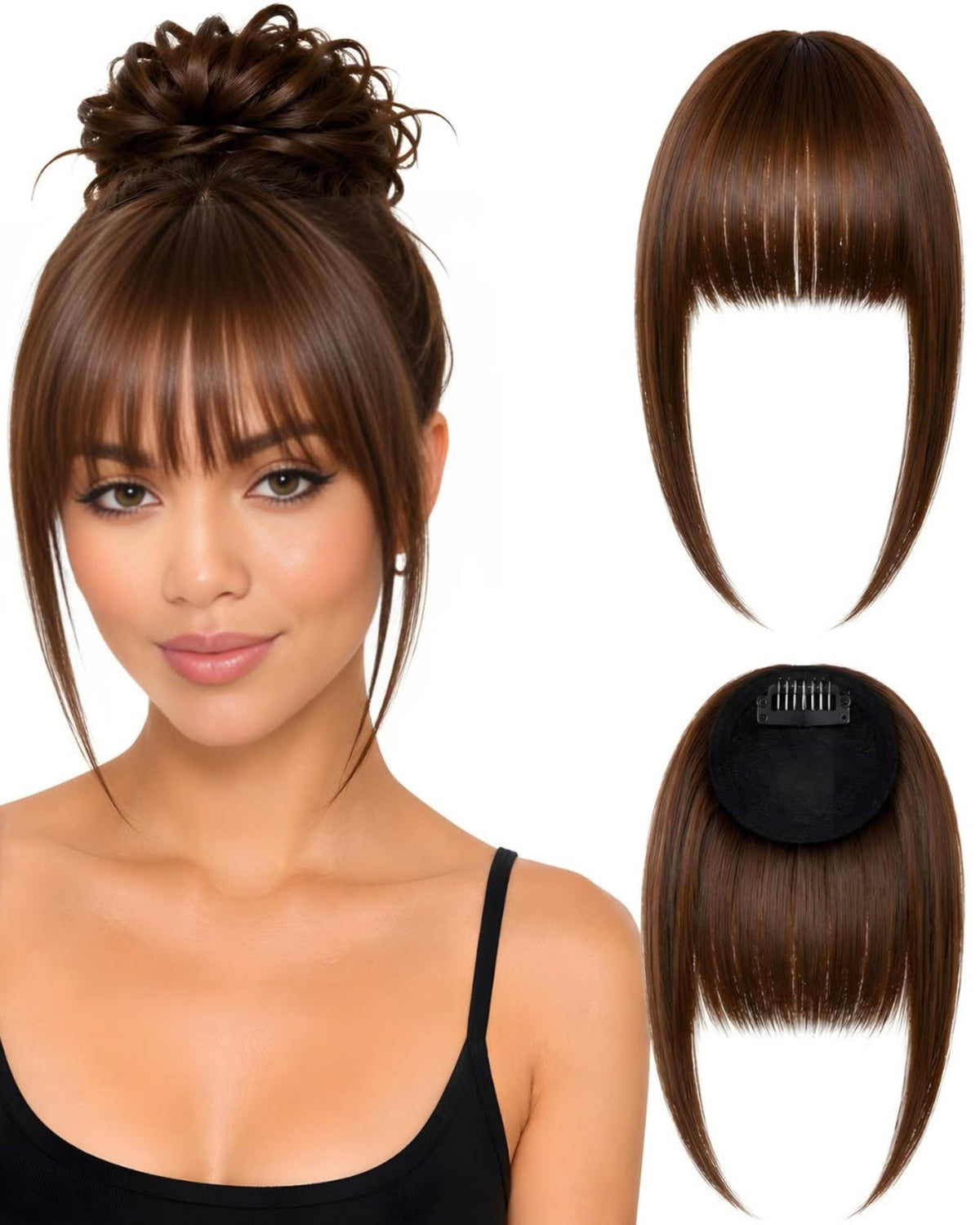 Franja de cabelo humano Castanho.2, aplicada e vista de frente e de trás