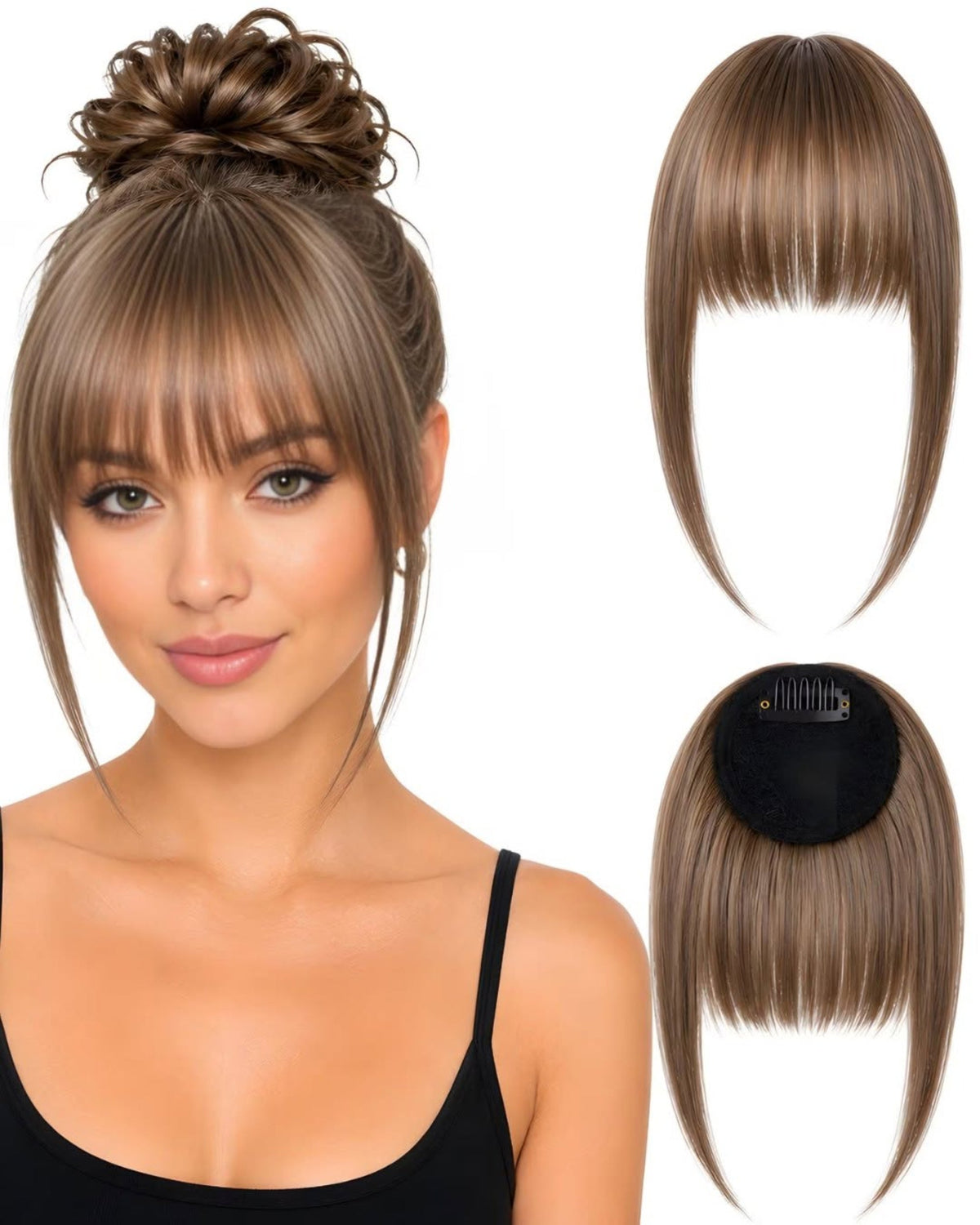 Franja de cabelo humano Castanho.3, aplicada e vista de frente e de trás