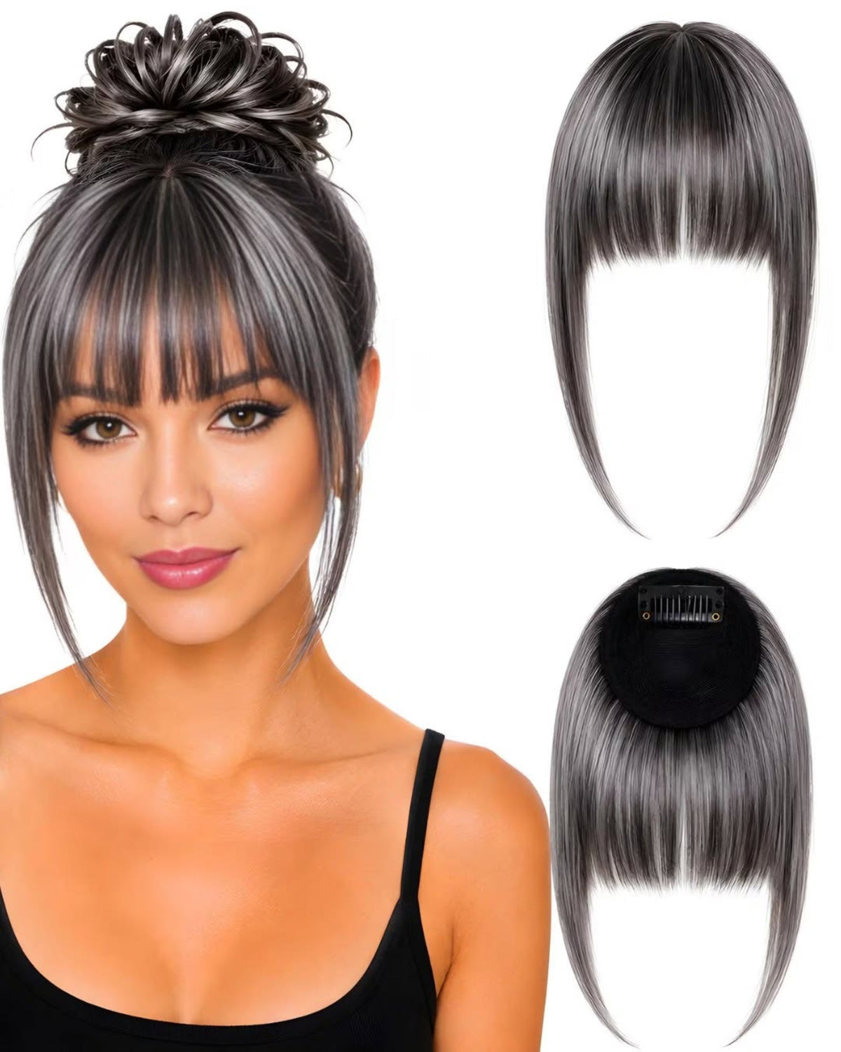 Franja de cabelo humano Grisalho.1, aplicada e vista de frente e de trás