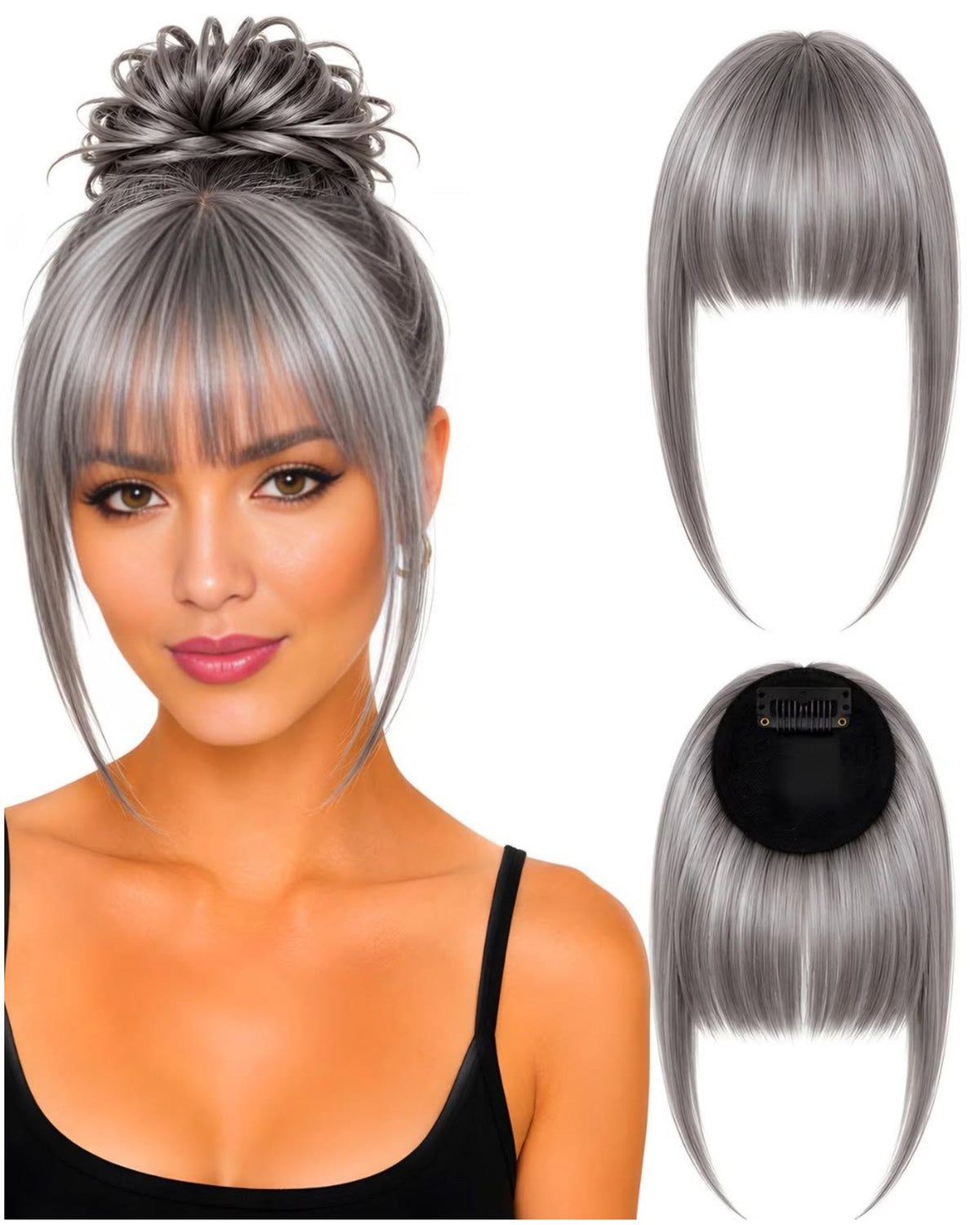 Franja de cabelo humano Grisalho.2, aplicada e vista de frente e de trás