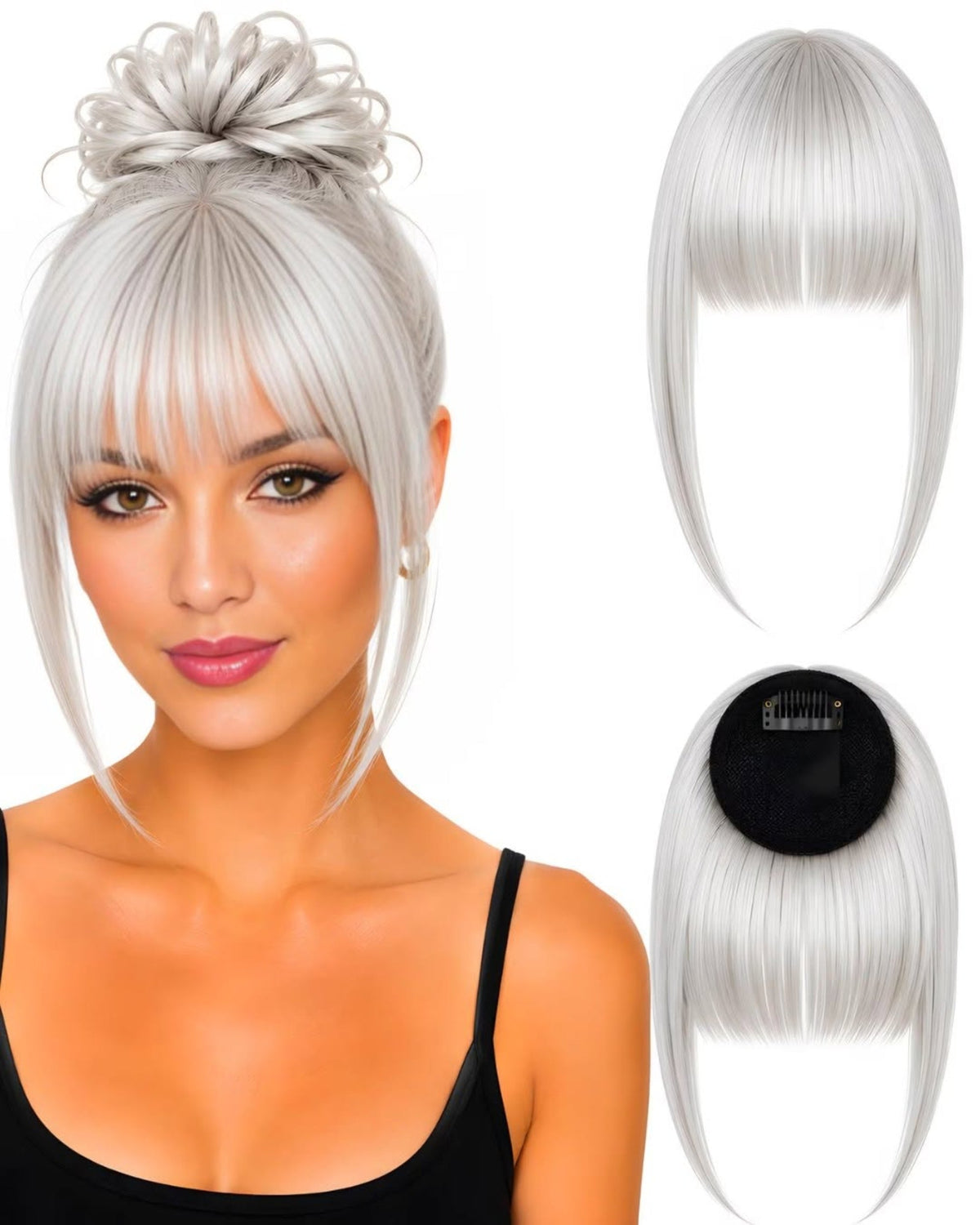 Franja de cabelo humano Grisalho.3, aplicada e vista de frente e de trás