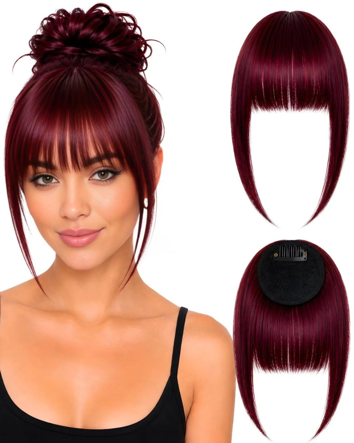 Franja de cabelo humano Vermelho.1, aplicada e vista de frente e de trás