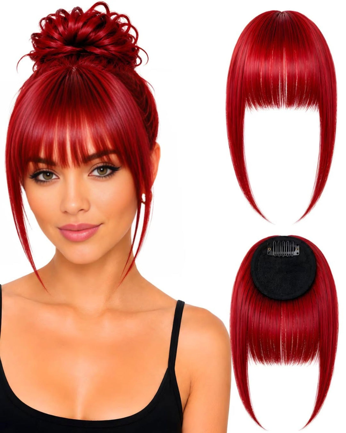 Franja de cabelo humano Vermelho.2, aplicada e vista de frente e de trás