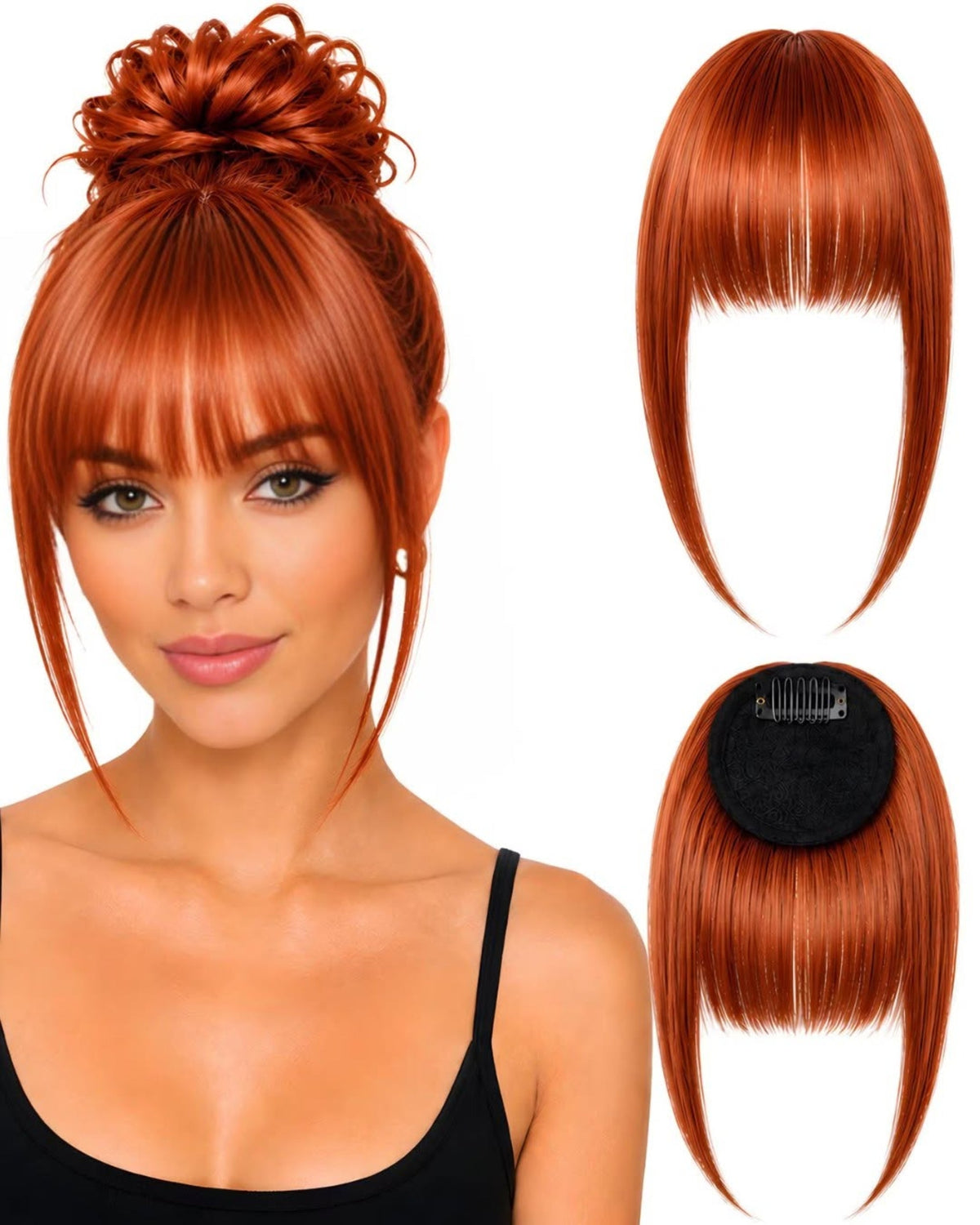 Franja de cabelo humano Vermelho.3, aplicada e vista de frente e de trás